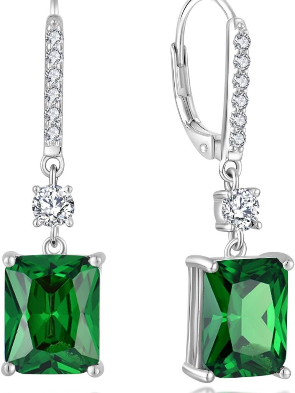 Emerald Cut Dangle Earrings for Women, 925 Sterling Silver, Birthstone Halo
